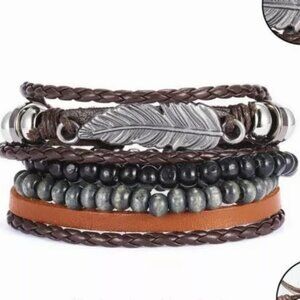 Leather Brown Braided & Bead Men's Bracelet Set